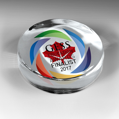 8508S (Screen Print), 8508P (Full Color)-Prestige Round Glass Paperweight Award  - 2 7/8” L x 2 7/8” W x 1”H